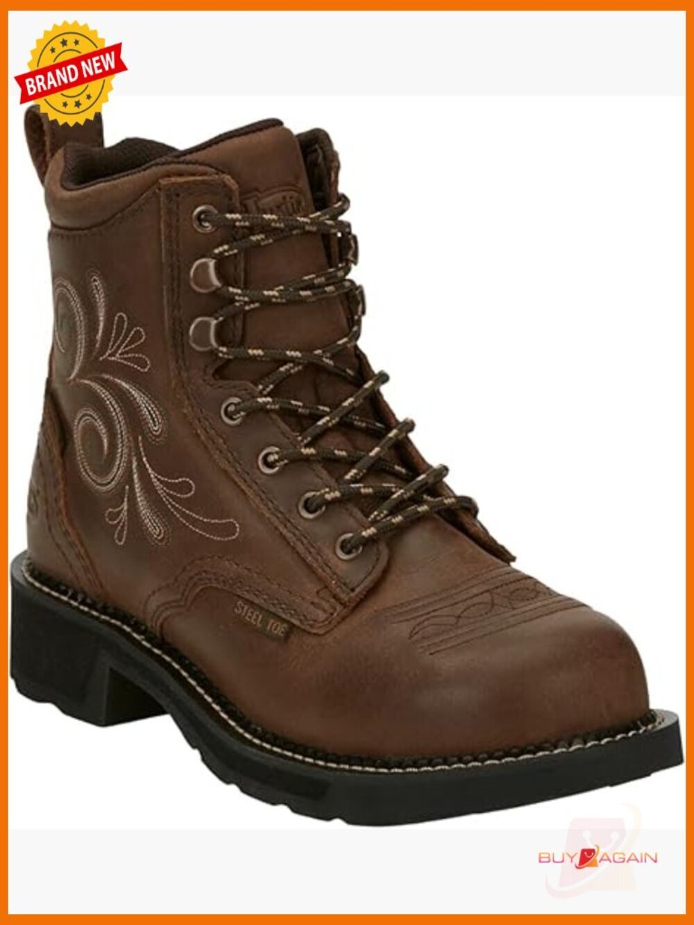 6" Steel Toe Waterproof Work Boot - Lace-Up Floral Stitch J-Flex Comfort Leather